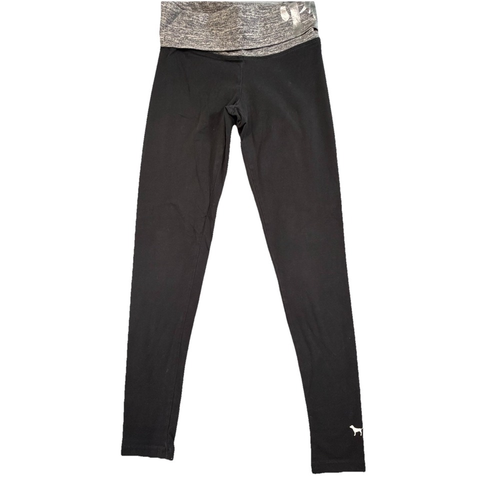 Victoria's Secret PINK XS Y2K Foldover Silver Logo Black Leggings Yogo Pants